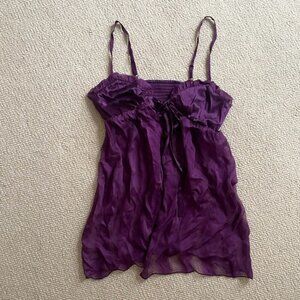 Lelo 100% silk luxury tie-front baby doll top in purple size M